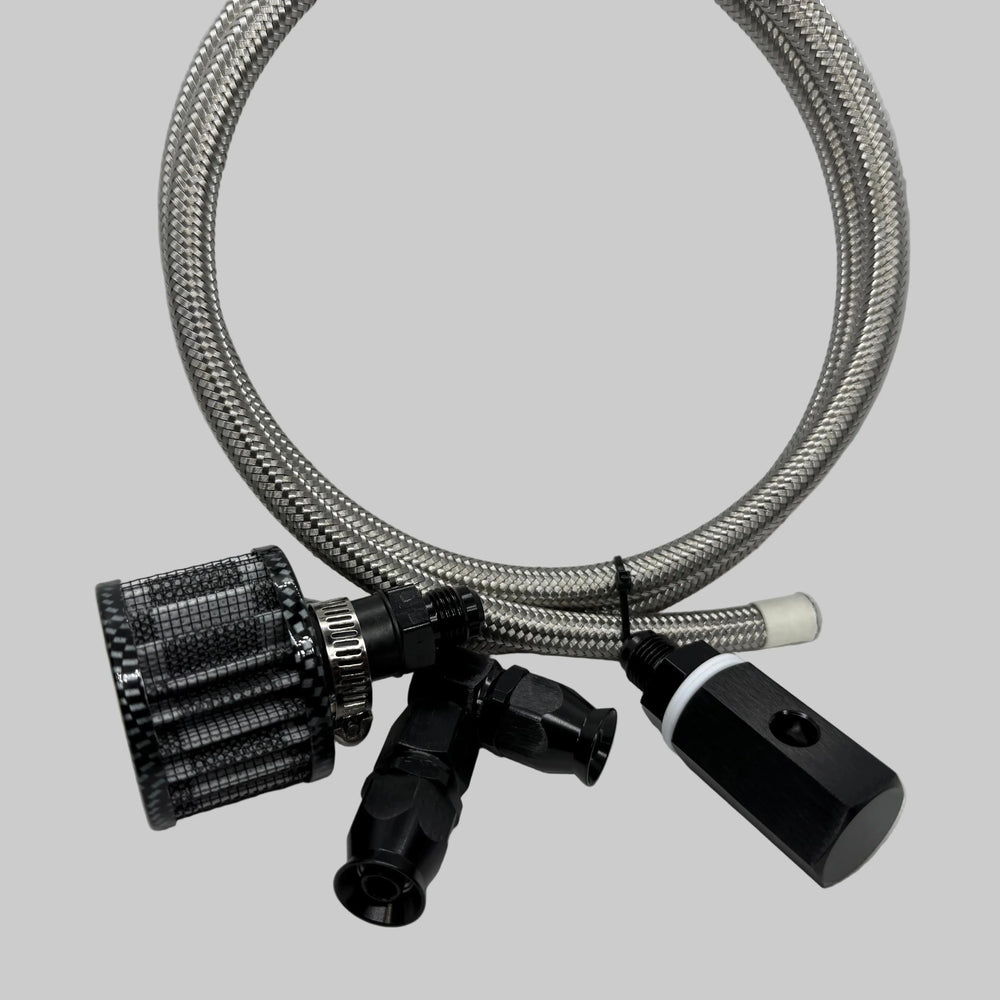 Complete Fuel Cell Vent Kit with Rollover Valve, Breather, and 6AN PTFE Braided Hose – E85-Compatible for Safe and Contaminant-Free Venting BK Racing