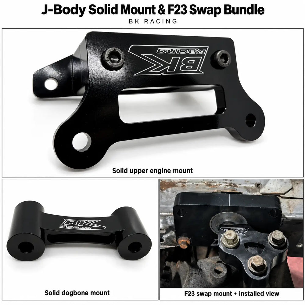 BK Racing J-Body Solid Mount & F23 Swap Bundle: Solid upper engine mount, Solid dogbone mount, F23 swap mount • installed view.
