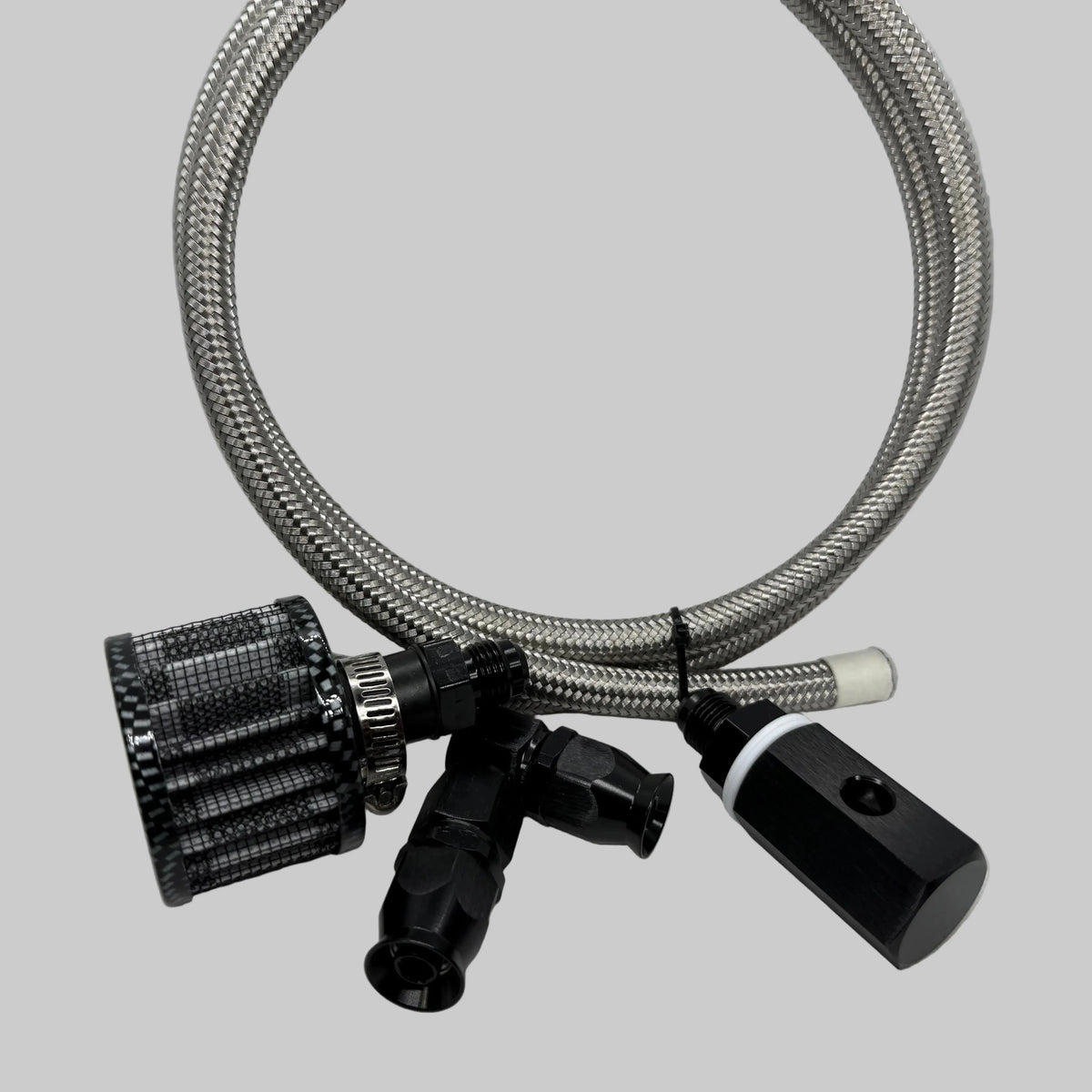 Complete Fuel Cell Vent Kit with Rollover Valve, Breather, and 6AN PTFE Braided Hose – E85-Compatible for Safe and Contaminant-Free Venting BK Racing