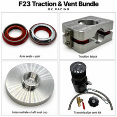 BK Racing F23 Traction & Vent Bundle: Axle seals • pair, Traction block, Intermediate shaft seal cap, Transmission vent kit.