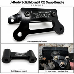 BK Racing J-Body Solid Mount & F23 Swap Bundle: Solid upper engine mount, Solid dogbone mount, F23 swap mount • installed view.